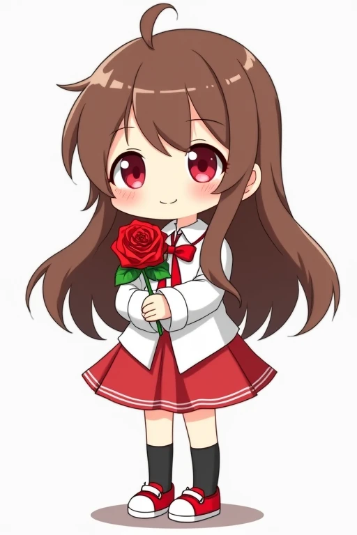 A cute anime girl with long brown hair, red eyes, wearing a simple white dress shirt with a red handkerchief-shaped ribbon, a simple red skirt, black socks, and red shoes with white areas is smiling gently and holding a single red rose in both arms, this is a deformed illustration with a thick outline.
