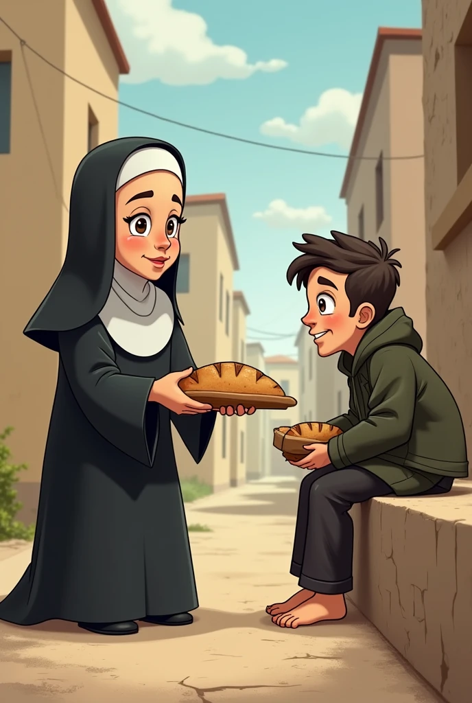 Animated nun with hair coming out from behind her blanket that covers her head and easy to draw giving a loaf of bread to a homeless person sitting on a wall and with damaged clothes and no shoes animated and easy to draw