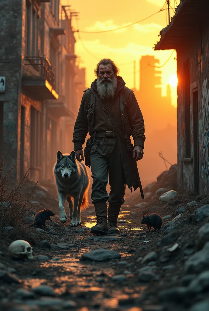 Bearded mountain man with green, kind eyes, expressing the sentiment of being a stranger in his own town, accompanied by a loyal gray wolf, exploring the war-torn ruins of an old city, evoking sadness and the end of civilization, sunset casting dramatic lighting on the burning buildings behind, rats scurrying around puddles, graffiti-adorned walls, broken bottles, and strewn papers, a solitary skull visible on the ground,