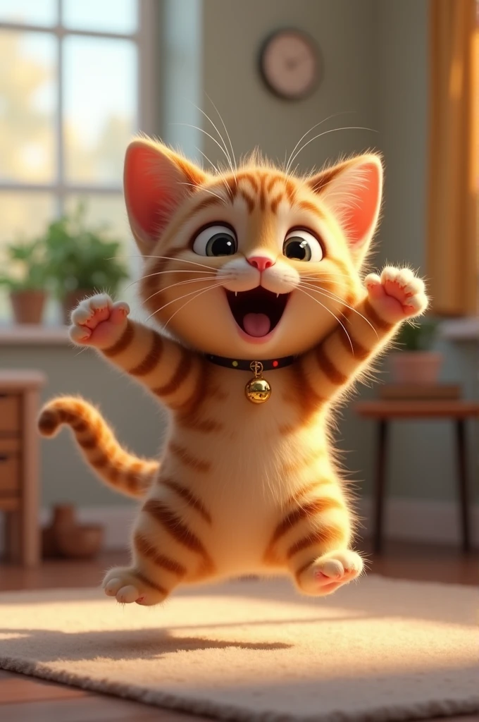 Whiskers waking up, stretching, and jumping in surprise, with the bell jingling loudly, and a shocked expression on her face.