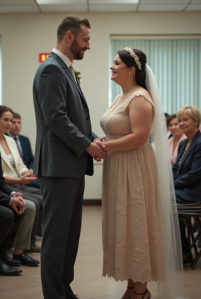 um casal, Tall and thin man, average height and fat woman, getting married at the registry office, no guest, normal clothes.