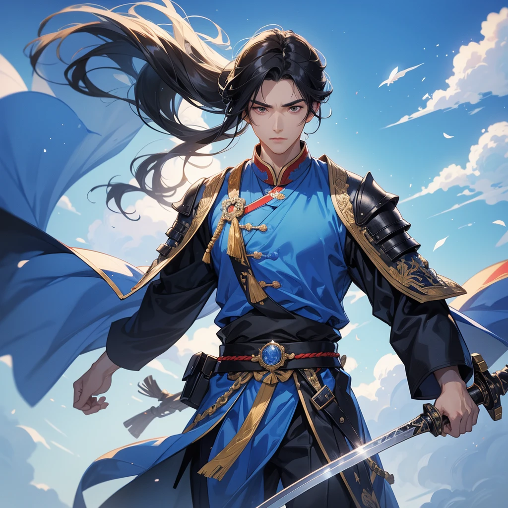 A Handsome black-hair male holding a large sword in an ancient chinese costume, Background is a blue sky, with low floating blue clouds all over the area