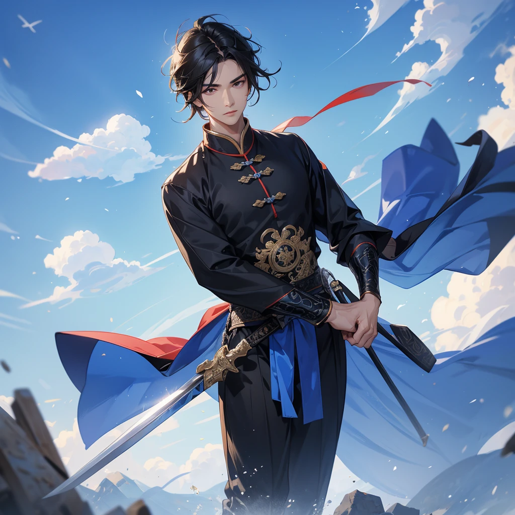 A Handsome black-hair male holding a large sword in an ancient chinese costume, Background is a blue sky, with low floating blue clouds all over the area