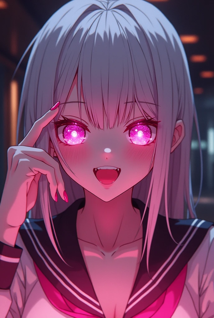 Kakegurui female character: White hair, hot pink eyes, lips and nails. Her eyes are hot pink and have big white sparkles. She also wears the usual Kakegurui school uniform. She's gambling with a creepy smile.