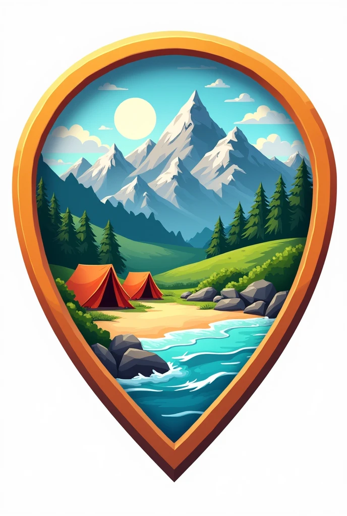 I need an image of mountains with tents and animated beaches inside a map location point sign in png for a hiking logo, the main colors have to be blue, green and orange.
