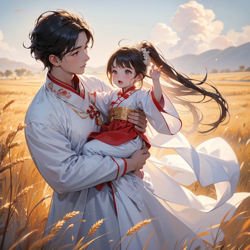 A one-year-old baby boy in an white ancient Chinese baby costume with his beautiful mother, dressed in an ancient Chinese costume, Standing in the middle of a wheat field, There are some floating clouds, playing with each other, with his handsome father standing next to his mother, close up.