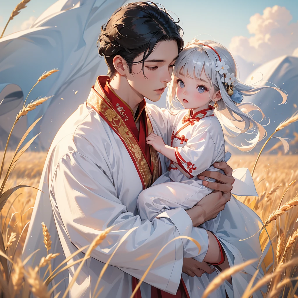 A one-year-old baby boy in an white ancient Chinese baby costume with his beautiful mother, dressed in an ancient Chinese costume, Standing in the middle of a wheat field, There are some floating clouds, playing with each other, with his handsome father standing next to his mother, close up.