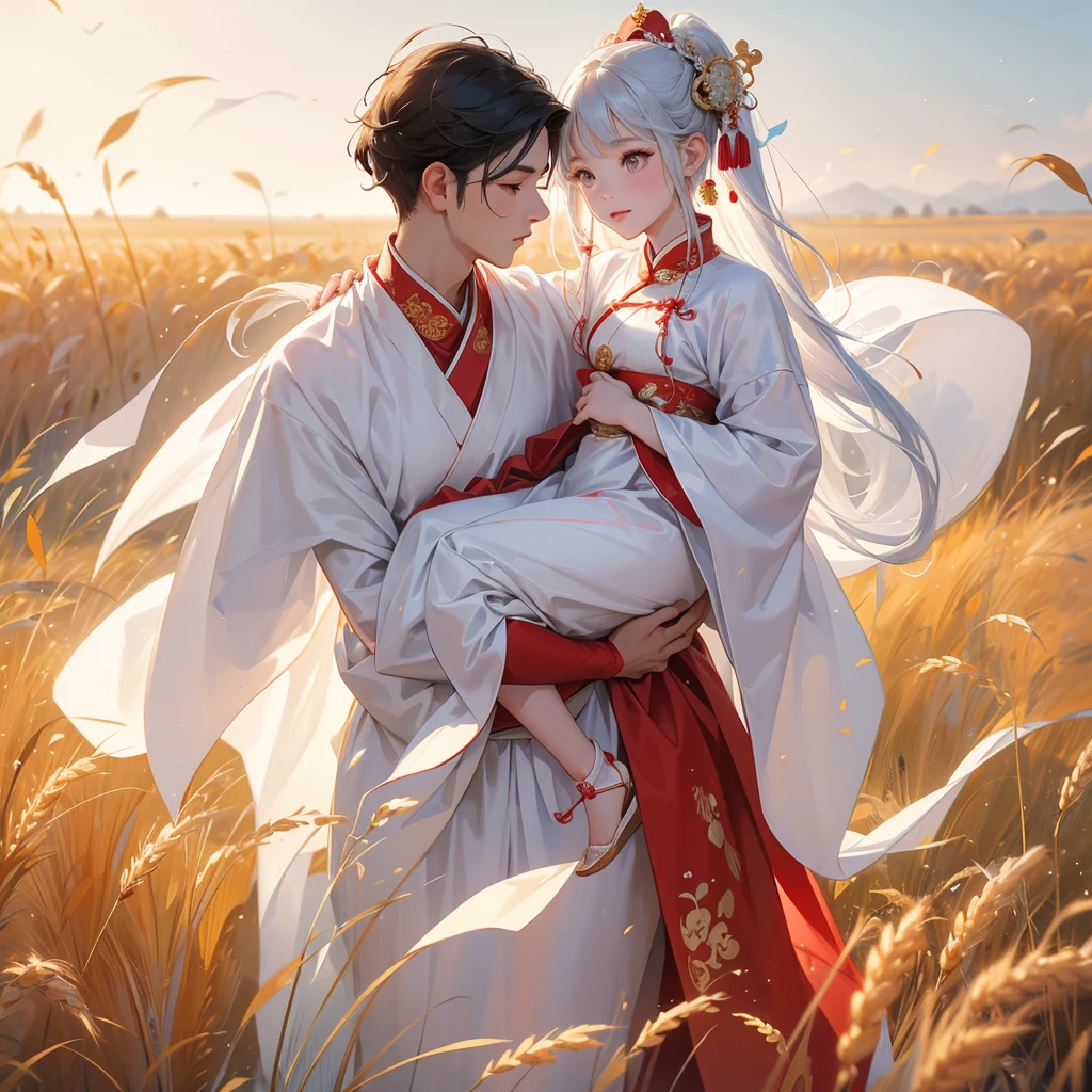 A one-year-old baby boy in an white ancient Chinese baby costume with his beautiful mother, dressed in an ancient Chinese costume, Standing in the middle of a wheat field, There are some floating clouds, playing with each other, with his handsome father standing next to his mother, close up.