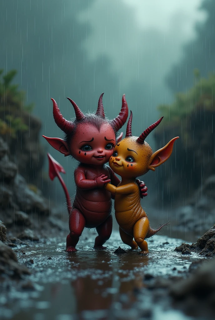 On a rain-soaked landscape, the cute devil, with tiny horns and pink ears, has just climbed out of a deep pit. It is hugging a large ant tightly, tears of relief and gratitude streaming down its innocent face. The devil’s trembles with emotion as it clings to the ant, who stands firmly by its side. The pit, now behind them, is filling rapidly with rainwater, the muddy surface reflecting the dark clouds above. Droplets of rain continue to fall, creating ripples in the water. The scene is depicted in hyper-realistic, ultra HD quality, with the wet textures of the devil, ant, and the surrounding environment vividly brought to life with rich, detailed colors