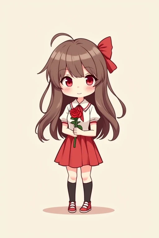 A cute anime girl with long brown hair, red eyes, wearing a simple white dress shirt with a red handkerchief-shaped ribbon, a simple red skirt, black socks, and red shoes with white areas is smiling gently and holding a single red rose in both arms, this is a deformed illustration with a thick outline.