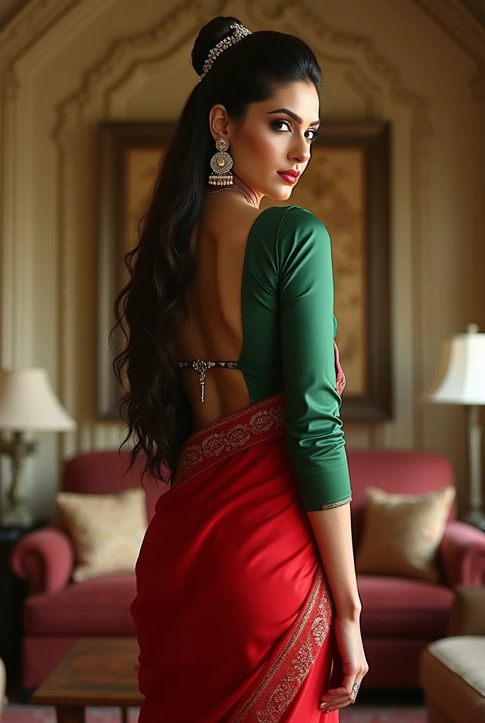  Indian woman Aishwarya Rai in green satin blouse red saree , tied hair bun, lifting a man above her shoulders, man is sitting on woman's shoulders, in a bedroom with high ceiling, woman is showing her back to the camera , full body image , close up 