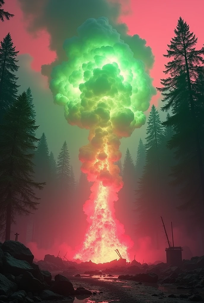 A huge explosion spreading in the middle of a forest and a path of fire in the middle with green and pink fire, in the background burning things and pink smoke and smoke. The sky is red and smokey, more fire around that is green and pink. Seen from the floor with more road 