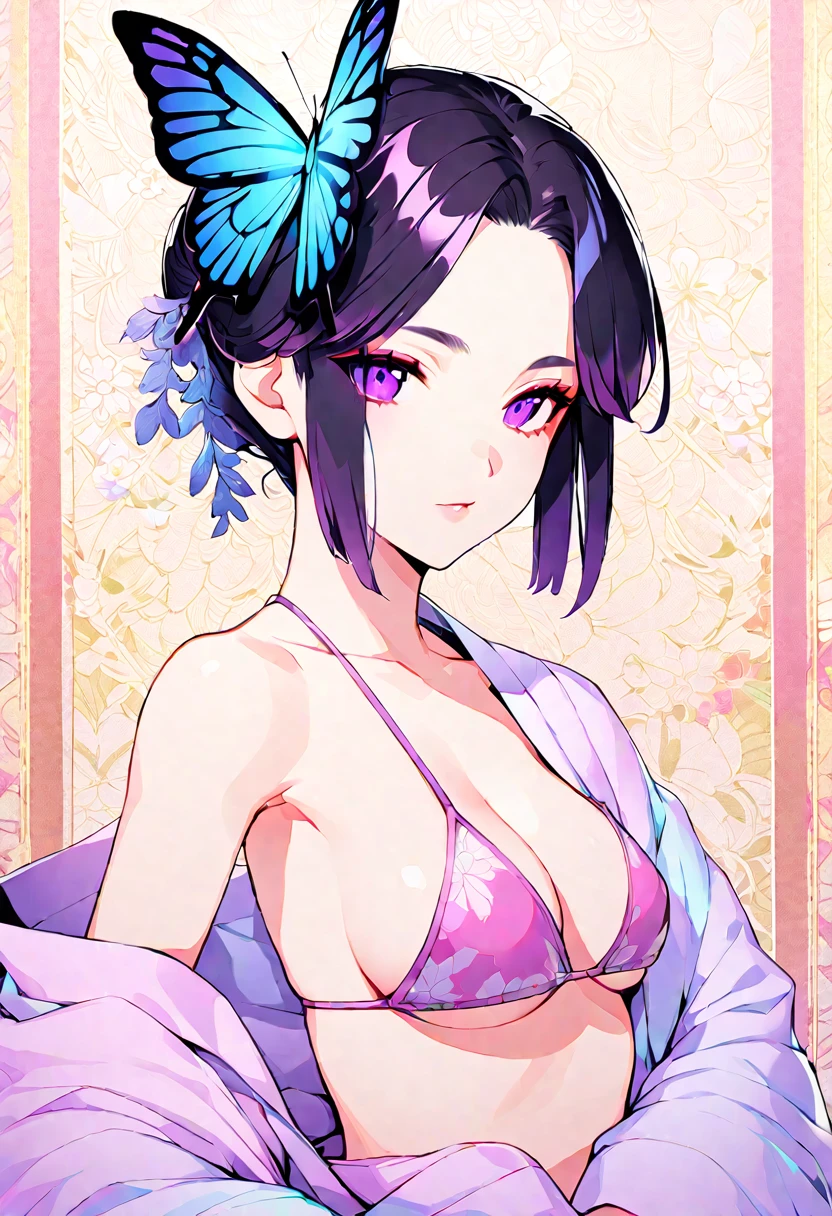 A mesmerizing surreal illustration of Shinobu Kouchou from Kimetsu No Yaiba. She has black hair, purple eyes, a butterfly hair ornament, and wears a vibrant pastel colored bikini. The background is a vintage floral-patterned wallpaper that complements the artwork's colors. The line work is precise, with delicate shading that gives the illustration a 3D quality. The artwork fuses modern illustration techniques with traditional Japanese aesthetics, resulting in a visually striking, portrait,