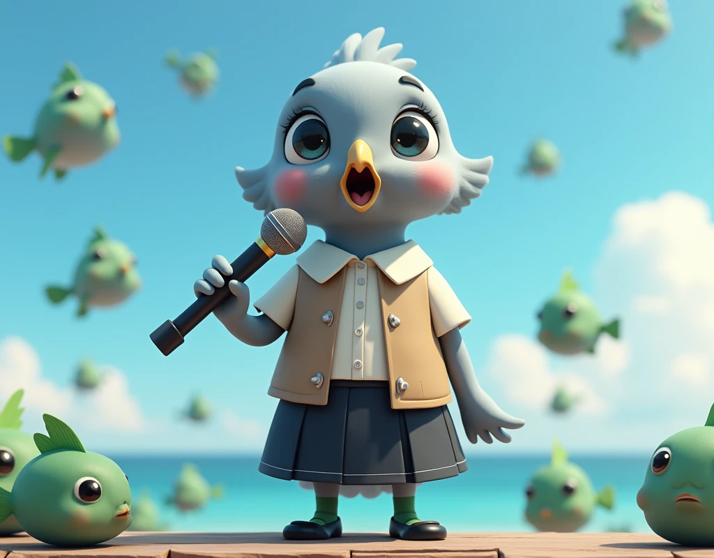 ((Highest quality)), ((masterpiece)), (photograph:1.6), (front), photorealistic, portrait, Singing with a microphone surrounded by lots of green, round puffer fish。
Big cute eyes, human expression。A small grey female pigeon with a head slightly larger than its body。
Off-white short-sleeved collared shirt with a light brown vest that was closed at the front、A knee-length black skirt with dark green socks and black shoes、Clear blue sky and ocean views。