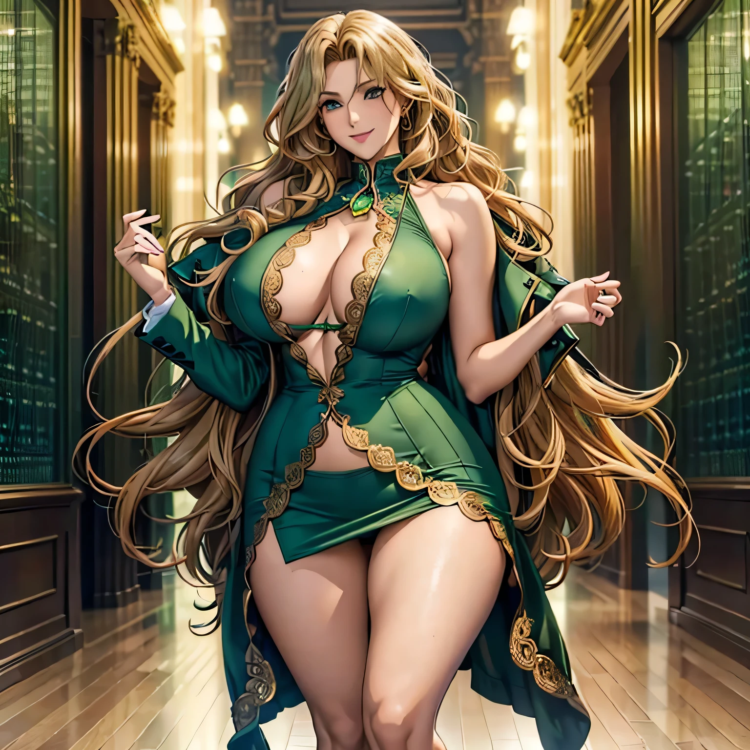 woman((30 years old)), hair((wavy, golden brown)), eye((smart eye, green)), Clothes((new york fashion week, light green)), nipples are exposed, smile, Proudly, random hairstyles, accessories,Costume with large open chest,super mini skirt,lace costume, full body view, exposed thighs,