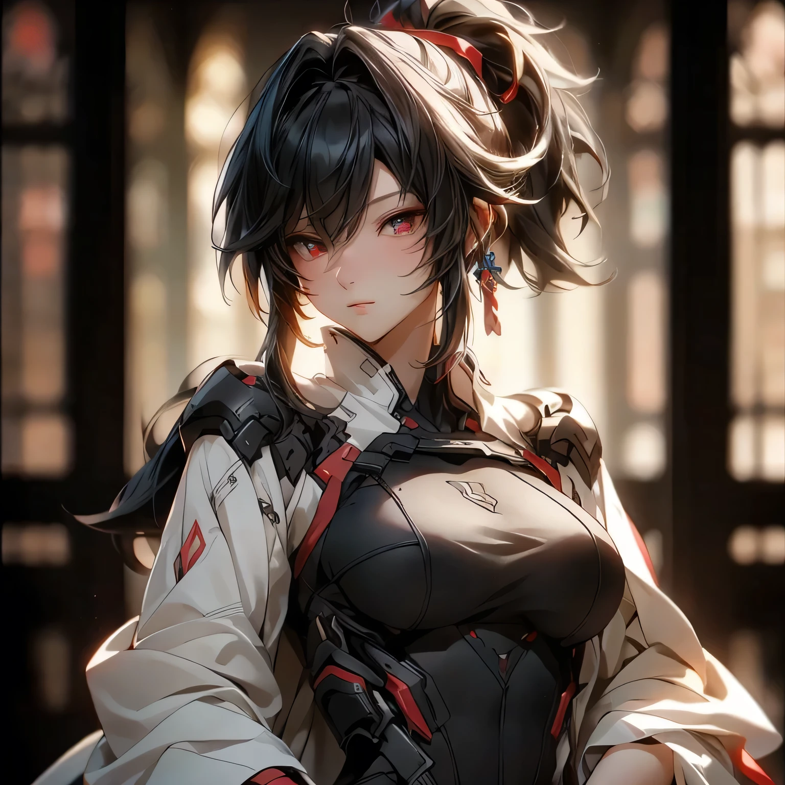 (best quality)), ((Masterpiece)), (details:1.4), 3d, HDR (high dynamic range), an image of a beautiful cyberpunk female, Black hair, High ponytail, Red eyes, จมูกโด่ง, ปากแดง, หน้าอกใหญ่, nvidia RTX, PBR surface, After processing, Anisotropic filtration,depth of field, Maximum clarity and clarity, multi-layered surface, Subsurface scattering, perfect proportions, 8K raw files, ultra detailed, Perfect proportions, volumetric lighting, soft lighting, Holy Templar, Heavy Red Armor, glossy skin, castle background, jewely, ต่างหู, นิ้วมือสมบูรณ์,