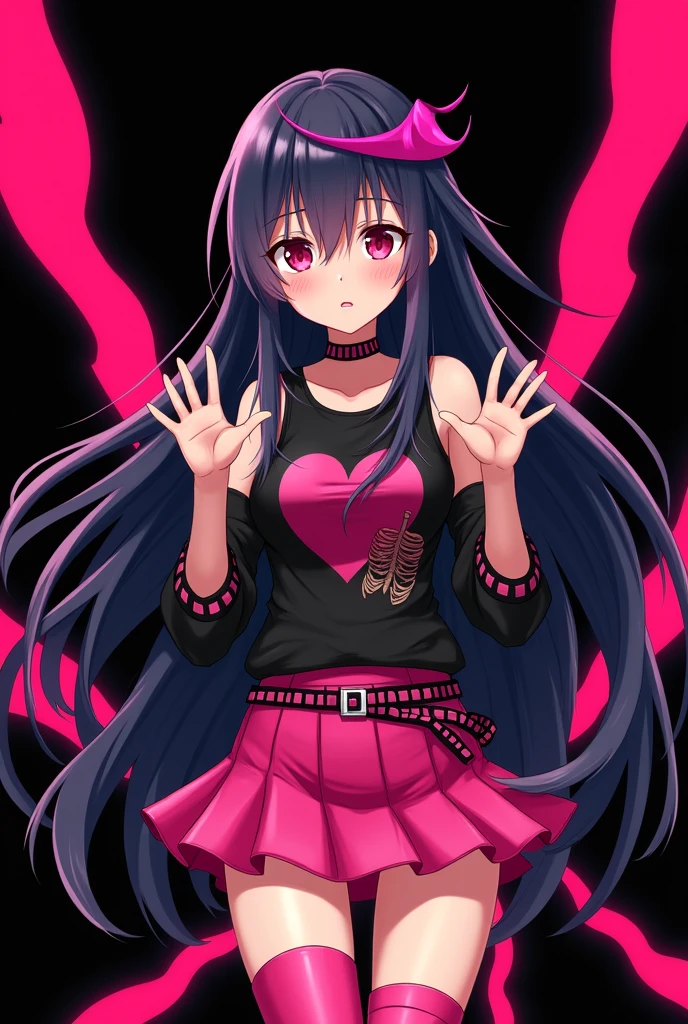 You can create an image of an anime scene character who wears black hair spread out to her hips and wears hot pink bangs that cover her eyes with black stripes on the bangs., Her skin is normal and she wears hot pink knee-high boots with a dove skirt., a hot pink belt with black and hot pink squares, a shirt with sleeves cut from the shoulders to the hands and a black shirt with a picture of ribs and a bright pink heart, her expression is scared and a black background with hot pink stripes