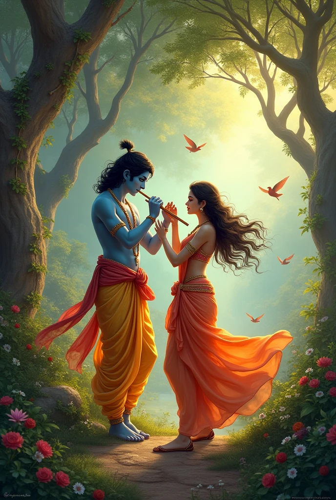 Show me lord krishna with flute and radha is dancing and many trees are in these picture and many birds are on the tree and make atmosphere Like in dhwaparyug