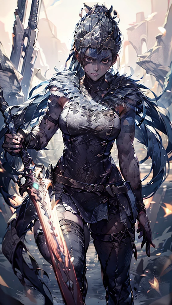 Senua from hellblade, 1girl, holding glowing sword, sword fighting poses, wide angle, leather clothing, forehead and eyes painted dark blue, determined expression, 16k, best quality, detailed face, beautiful blue eyes, best hands, perfect hands, unreal engine rendering style, award winning digital art, darkly atmospheric lighting 