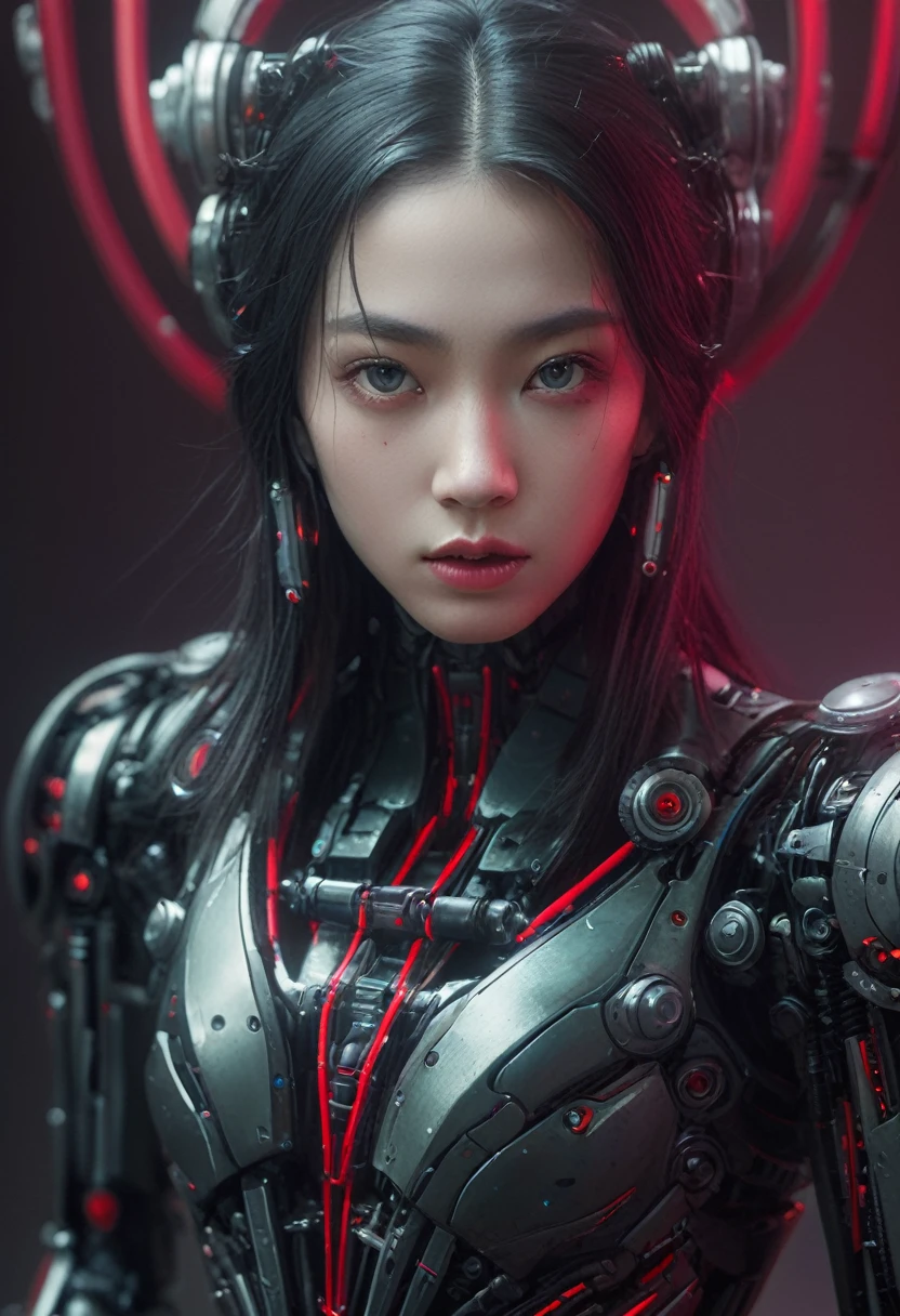 xxmixgirl. Highly detailed professional 35mm film, bokeh, face in sharp focus. A robotic female, Miku, with ((metal skin)), ((perfect Asian eyes)) with magenta irises and ((black pupils)), beautiful serious (detailed face), 1 ((photorealistic face)), very long magenta twin tails of magenta hair, twin black hair ties with a single red stripe. She may have a black audio headpiece. We can see her ((full body)) down to her boot soles. Her outfit is a sleeveless collared light grey shirt, outlined in red around the frilled collar and hems. Shiny reflective ((metallic breast cups, dimpleless)), invisible nipples. She wears black sleeves with red hems that start around her upper arm and bellow out as the sleeves open and extend to her wrists, with wide trumpet red rimmed cuffs. She has perfect robotic (detailed hands). She wears a red colored tie with two horizontal solid parallel black lines halfway across. She wears a fabric black skirt with a horizontal red hem at the bottom all the way around; her (((black skirt wraps around her))) and ((her skirt completely covers)) her robotic waist and thighs. Tall black boots with red bottom soles, a red rim around the top at her thighs. Her mechanical shoulder joints are visible. We can see her robotic legs and robotic neck. Half of her is covered with shiny polished machinery. The background is a distant dark neon futuristic Japanese city, gold, cyan, violet neon, near harbor or mountains.