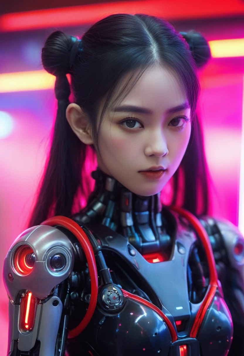 xxmixgirl. Highly detailed professional 35mm film, bokeh, face in sharp focus. A robotic female, Miku, with ((metal skin)), ((perfect Asian eyes)) with magenta irises and ((black pupils)), beautiful serious (detailed face), 1 ((photorealistic face)), very long magenta twin tails of magenta hair, twin black hair ties with a single red stripe. She may have a black audio headpiece. We can see her ((full body)) down to her boot soles. Her outfit is a sleeveless collared light grey shirt, outlined in red around the frilled collar and hems. Shiny reflective ((metallic breast cups, dimpleless)), invisible nipples. She wears black sleeves with red hems that start around her upper arm and bellow out as the sleeves open and extend to her wrists, with wide trumpet red rimmed cuffs. She has perfect robotic (detailed hands). She wears a red colored tie with two horizontal solid parallel black lines halfway across. She wears a fabric black skirt with a horizontal red hem at the bottom all the way around; her (((black skirt wraps around her))) and ((her skirt completely covers)) her robotic waist and thighs. Tall black boots with red bottom soles, a red rim around the top at her thighs. Her mechanical shoulder joints are visible. We can see her robotic legs and robotic neck. Half of her is covered with shiny polished machinery. The background is a distant dark neon futuristic Japanese city, gold, cyan, violet neon, near harbor or mountains.