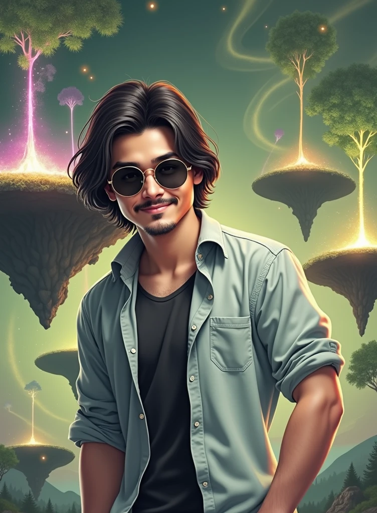 Create a highly realistic digital portrait of a young man with medium-length straight dark hair and round dark sunglasses. He has a light mustache and a friendly, expressive face. The background should be a fantastical, artistic setting with vibrant, surreal elements like glowing trees, floating islands, and colorful, swirling skies. The overall atmosphere should be magical and imaginative, blending realism with a touch of fantasy to create a stunning, otherworldly scene.