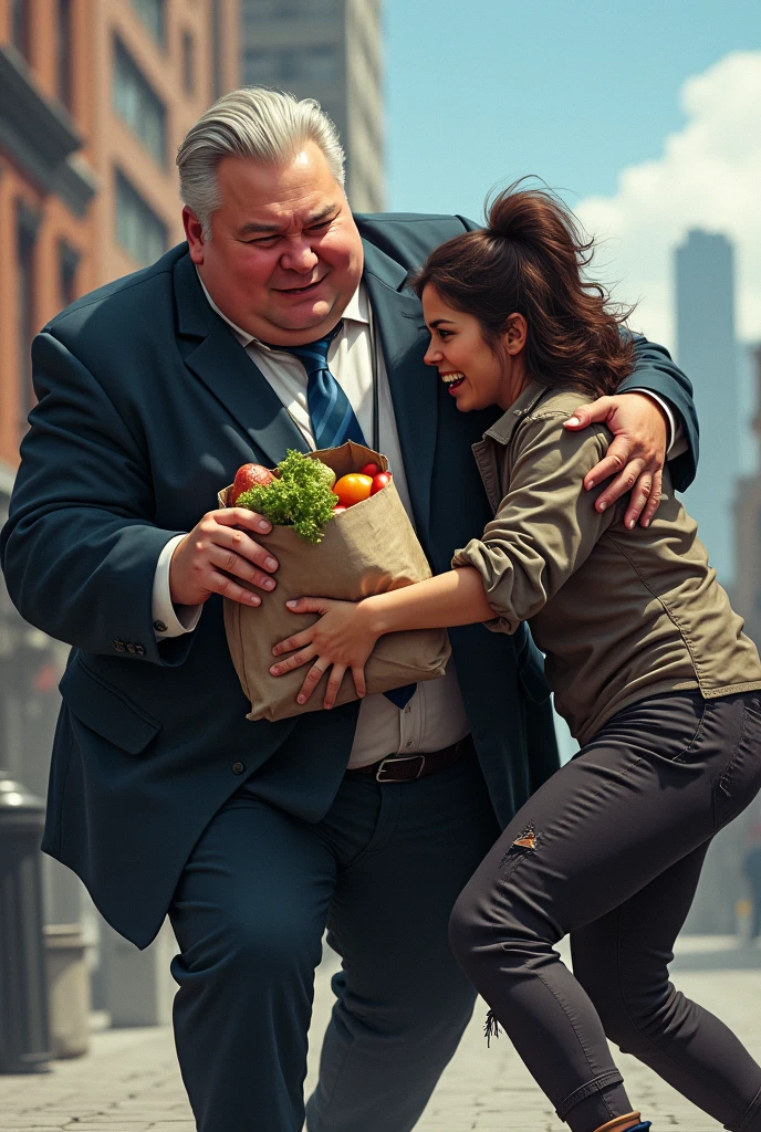 image of Doug Ford mayor of Toronto stealing food from a homeless woman. Toronto in the background. Doug Ford is obese. the homeless woman looks angry and is fighting to get her food back. she is pulling at the bag of groceries that Doug Ford is holding. Doug Ford has light grey-blonde hair that is slicked back and he is wearing a mayor suit. The homeless woman is wearing torn clothes and she looks dirty. The homeless woman is leaning back trying to pull her groceries away from Doug Ford.
