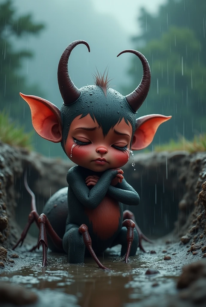 On a rain-soaked landscape, the cute devil, with tiny horns and pink ears, has just climbed out of a deep pit. It is hugging a large ant tightly, tears of relief and gratitude streaming down its innocent face. The devil’s  trembles with emotion as it clings to the ant, who stands firmly by its side. The pit, now behind them, is filling rapidly with rainwater, the muddy surface reflecting the dark clouds above. Droplets of rain continue to fall, creating ripples in the water. The scene is depicted in hyper-realistic, ultra HD quality, with the wet textures of the devil, ant, and the surrounding environment vividly brought to life with rich, detailed colors