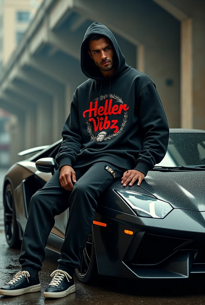 A gangster wearing HELLER VIBZ hoody sitting on the car
