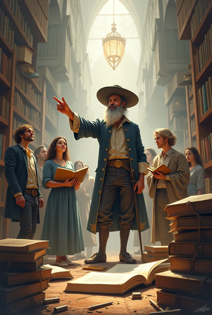 soon after "BookHunters" surrounded by books and pencils with the figure of Don Quixote pointing to the BookHunters logo in pastel tones , grises, silver, dorado  