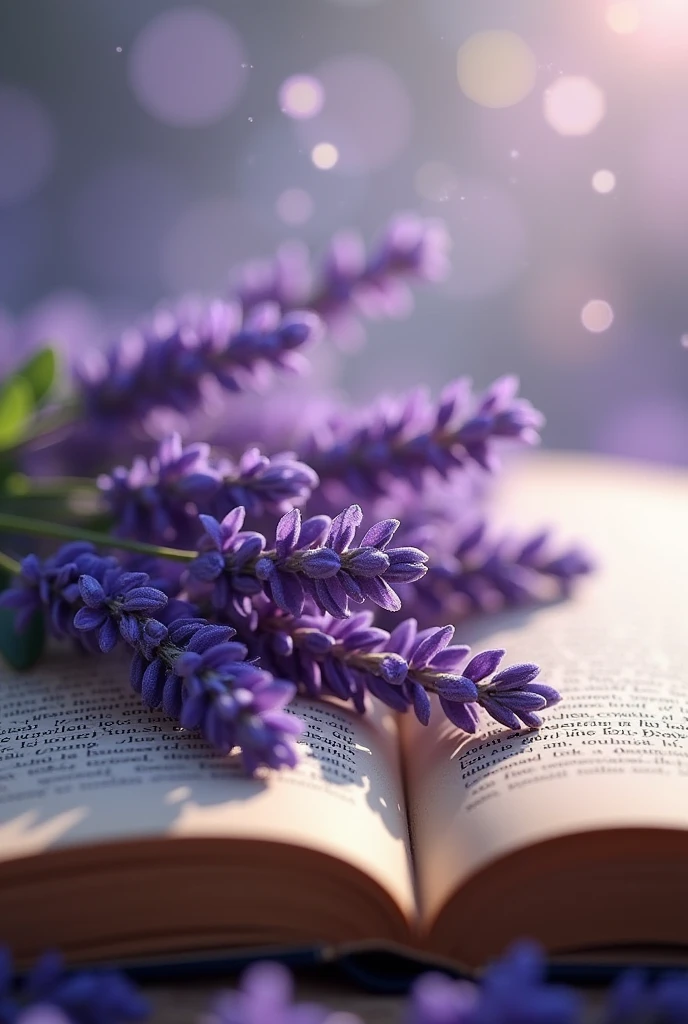 This image is、The scene shows lavender flowers placed on an open book.。The pages of the book are slightly yellowed.、I can see the letters、The details are not clear。There are faint dots of light in the background.、It creates a soft atmosphere。Lavender flowers are bright purple。Make it stylish