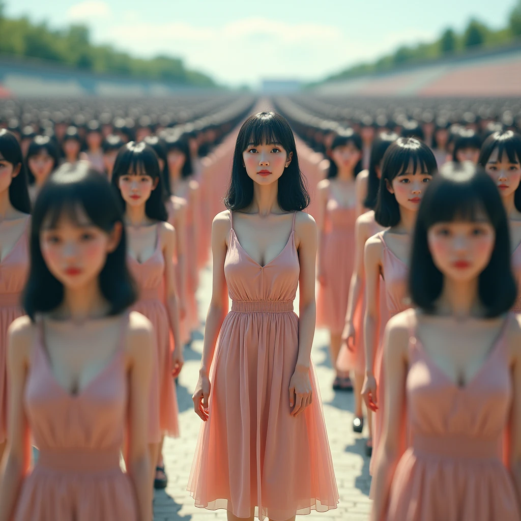 (((((Japanese Clone girls=Myself)))))), (((Best Super High quality Myself Clone girls Raw Photography Art))), (16K, Highest quality, Ultra-high resolution, RAW Photos), (((It's so unrealistic., With unparalleled depiction, With an unfathomable sight, An unprecedented and shocking worldview, Clone girls in a world of mass reproduction, Ultra-realistic))), (((Japanese, woman, 20yo, Saito-Asuka))), (Small face, ((Thick black hair, Semi-long hair))), ((V-neck short-sleeve dress)), (((((Very detailed美しい女体, Accurate body structure, Very detailed完璧な, Super busty body with very large breasts, Clearly emphasizes cleavage))))), (((Dark Eyes, Mature face, Cute Smile, A gentle gaze))), (((Her happy and smiling expression is so cute))), ((((((((Very detailed分身増殖描写, ((1girl→Myself cloning→1,000,000,000,000,000,000,000,000,000,000,000,000,000,000,000,000,000,000,000,000Myself Clone girls)))))))))), ((((((((Very detailed, The precise depiction of the proliferation of Myself Clone girls, ((With the perfectly identical bodies of Myself clone girls, With the exact same face as the Myself clone girls, With the exact same hairstyle as the Myself clone girls, In the exact same clothes as the girls who are my clones, Perfectly the same height as the Myself clone girls, Super big breasts, just like the Myself clone girls)))))))))), (((Myself clone girls only))), (((Multiple pairs, Very detailed depiction, (Myself clone girls hug each other, Myself clone girls assemble, Fun conversations with fellow Myself clone girls, A fun conversation between Myself clone girls, Myself clone girls holding hands, Walking with lots of Myself clone girls)))), (((Everyone looks at the camera))), (((Unbelievably crowded, Transcendent Myself clone girls intimately, Countless Myself clone girls surround you in 360 degrees))), (Bright, soft sunlight), (((Very wide field of view, Very detailed, Detailed ultra-perspective depiction with clear depth, super wide top view))), (((((Where there is a curved slope))))), (((Very photographic and detailed depiction, Myself clone girls will multiply infinitely and fill the surroundings from one side to the horizon with their bodies tightly packed together without any gaps., A scene of endless Myself clone girls and a fun atmosphere))), (Focus on the average value of the image)