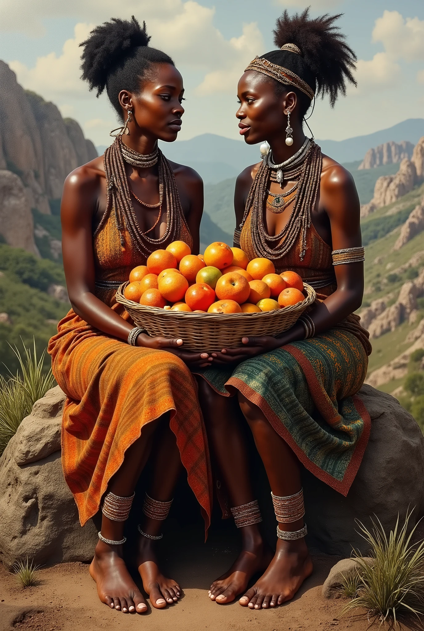 painting of two ZULU women sitting on a rock with a basket of fruit, african arts, beautiful art, beautiful artwork, african queen, black african princess, inspiring art, african princess, traditional beauty, detailed painting“, by Robert Bain, gorgeous art, by Hubert van Ravesteyn, ancient tribe, by László Balogh, beautiful depiction, inspiring, breathtaking art,