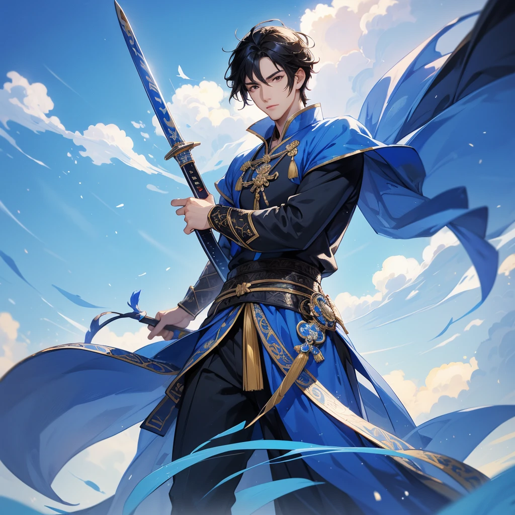 A Handsome black-hair male holding a large sword in an ancient chinese costume, Background is a blue sky, with low floating blue clouds all over the area
