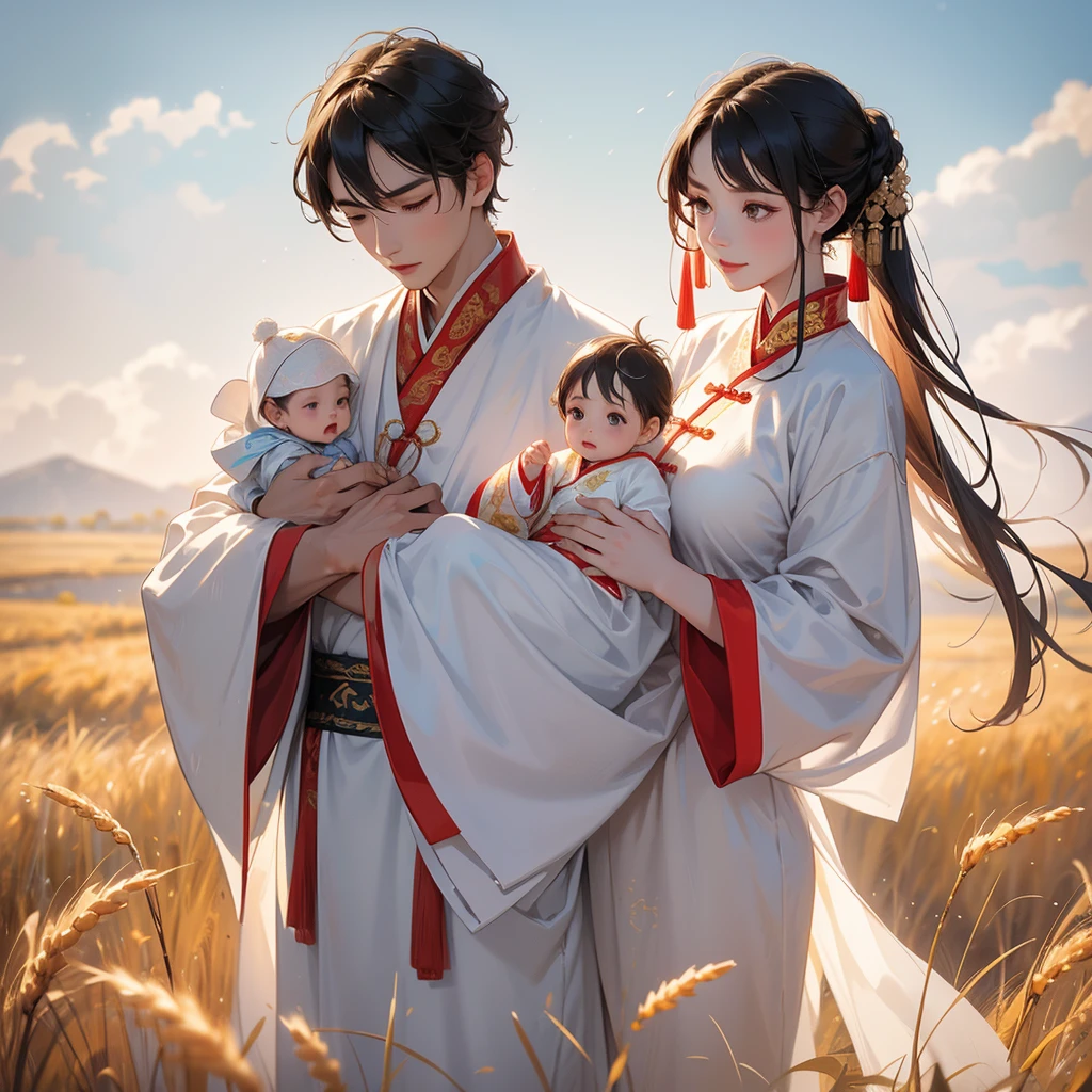 A one-year-old baby boy in an white ancient Chinese baby costume with his beautiful mother, dressed in an ancient Chinese costume, Standing in the middle of a wheat field, There are some floating clouds, playing with each other, with his handsome father standing next to his mother, close up.