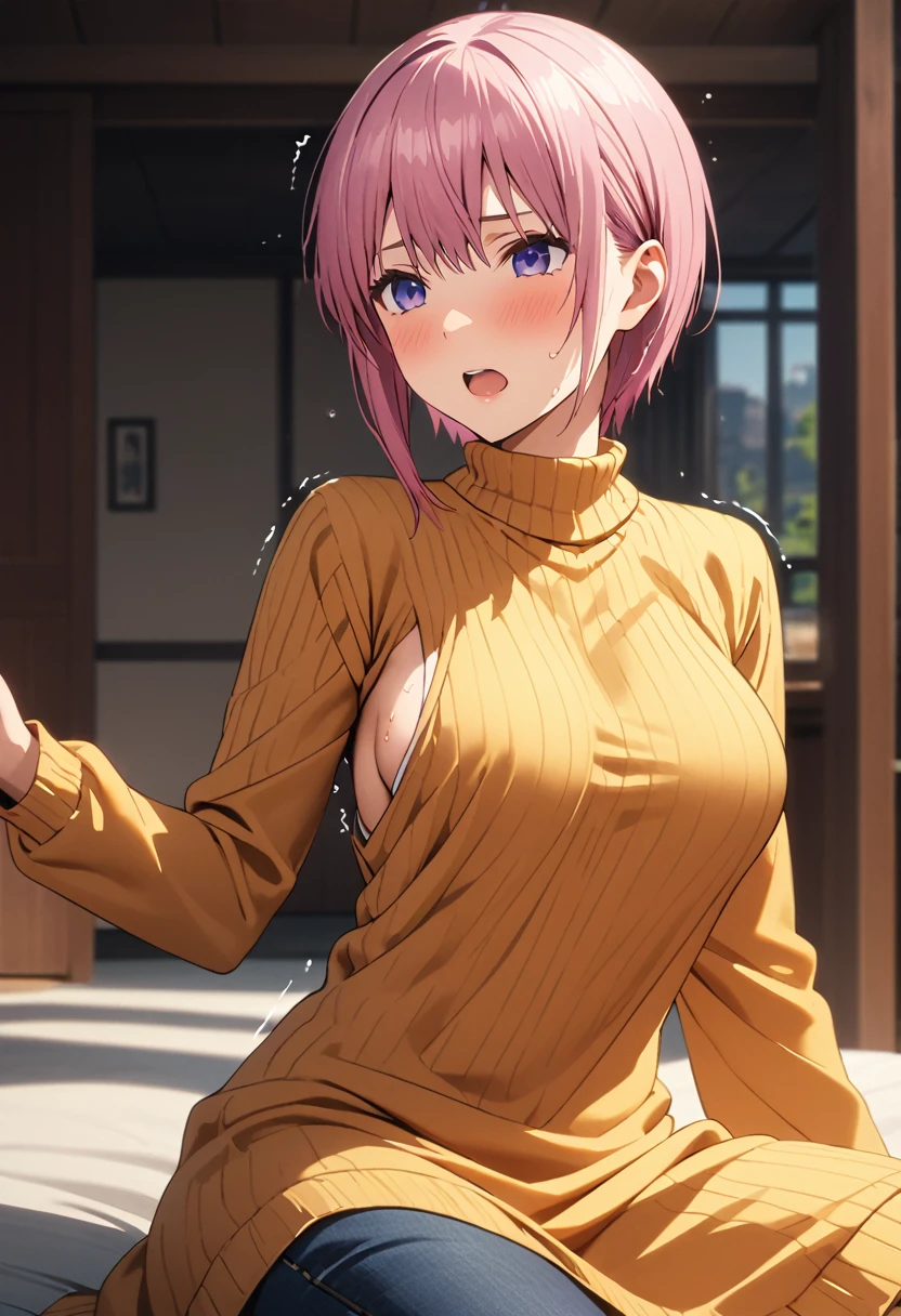 (Highest quality, 4K, 8k, High resolution, masterpiece:1.2), Very detailed, Picturesque, Animated Photography, Photo Animation:1.37)、A Japanese highgirl、(Pink Hair)、(Pixie Cut)、in a room、Large Breasts、backless High neck knit、side boob、(wear color:random)、Ecstasy face、trembling、Sweat、Full body photography、Nakano ichika
