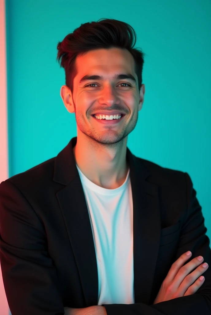 A young man with dark hair and a confident smile. He is dressed in a black blazer over a white T-shirt. The man is positioned against aqua colour backdrop with a subtle red lighting on the left side. And he posing linkedin profile 
