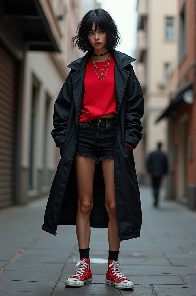One with short black wavy hair, blue eye, wears black coat, red top, Black denim shorts and red all star