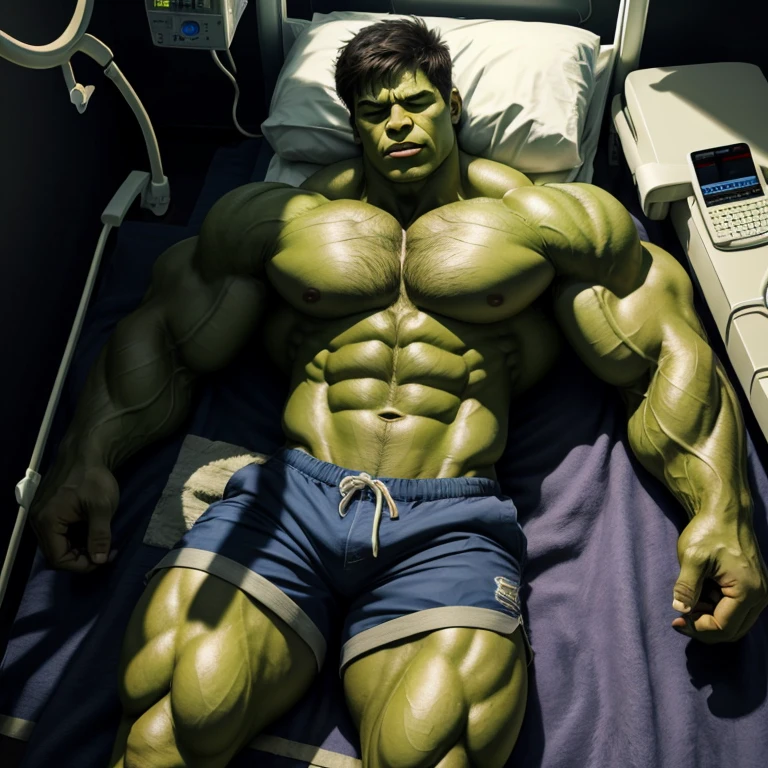 Hulk 2, a very handsome young man, eyes closed, Shirtless, purple shorts, green skin, Lying on a hospital gurney, seen from above, in a black background