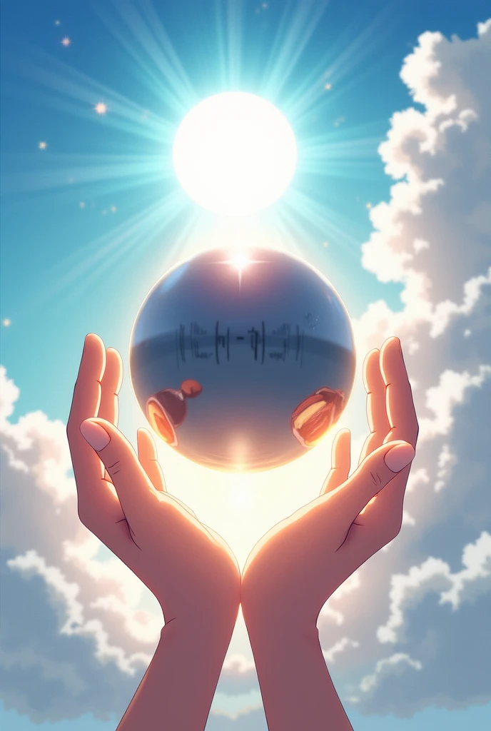 A metallic orb with no reflection in the middle, (Two hands vertically under the orb). In the background a sky with clouds and sunny. anime