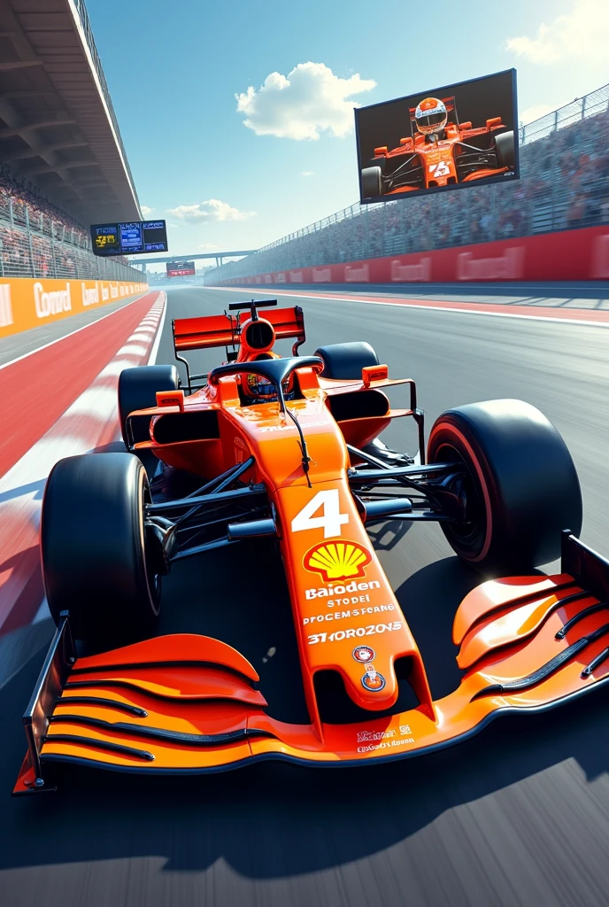 Detailed Background, masterpiece, Highest quality, 8k,uhd,Orange F1 car,McLaren,(MCL38),(Car number is４),run through,(Lando Norris on the screen),Guts pose,（Lando Norris）