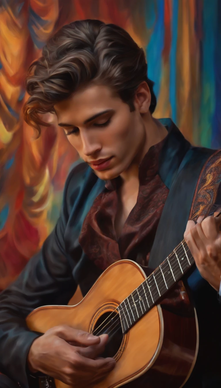 a highly detailed, ultra-realistic and vivid portrait of a young man (face covered) playing a morris brand acoustic guitar, surrounded by a vibrant and colorful musical background, 8k resolution, award winning digital painting, intricate details, photorealistic, dramatic lighting, cinematic composition, young man, elegant fingers, intense focus, musical notes, amplifier, sound waves, rich colors, dynamic pose