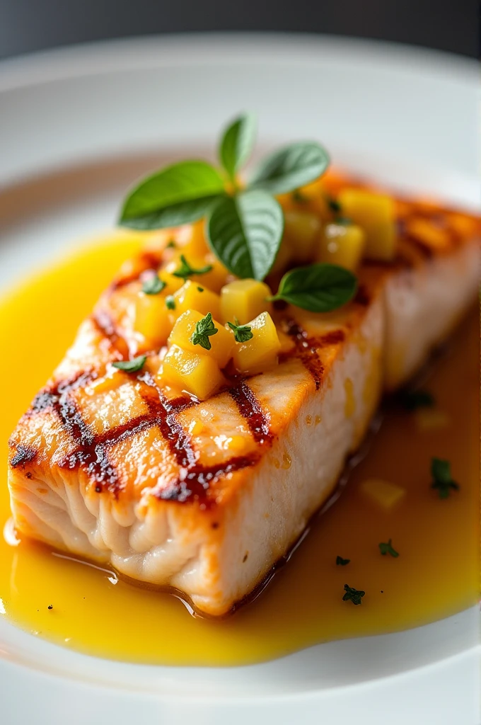 Grilled salmon fillet with realistic passion fruit sauce