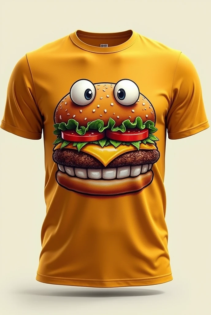 Idea for a uniform t-shirt for a fast food restaurant that says Monster Burger with a realistic hamburger with two eyes and teeth