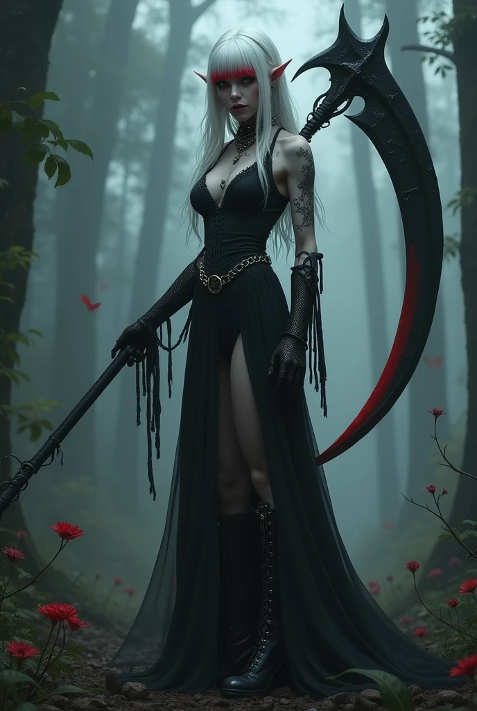 A gothic adult woman, Bullish, very thin with white skin, her hair is long down to her neck with red streaks of dye at the ends of her hair, there is also a gothic style fringe on his forehead. She wears long net gloves on her hands, Her outfit is completely black, with a cool style like long blouses that cover her entire arm., shiny chains, piercings, She also wears black boots and very long black pants.. In her hands she wields a gigantic, sharp scythe pointing downwards.. The environment is completely dark in the darkness of the forest amidst dense fog.