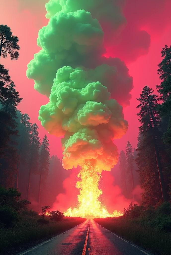 A huge explosion spreading in the middle of a forest and a path of fire in the middle with green and pink fire, in the background burning things and pink smoke and smoke. The sky is red and smokey, more fire around that is green and pink. Seen from the floor with more road on the floor
