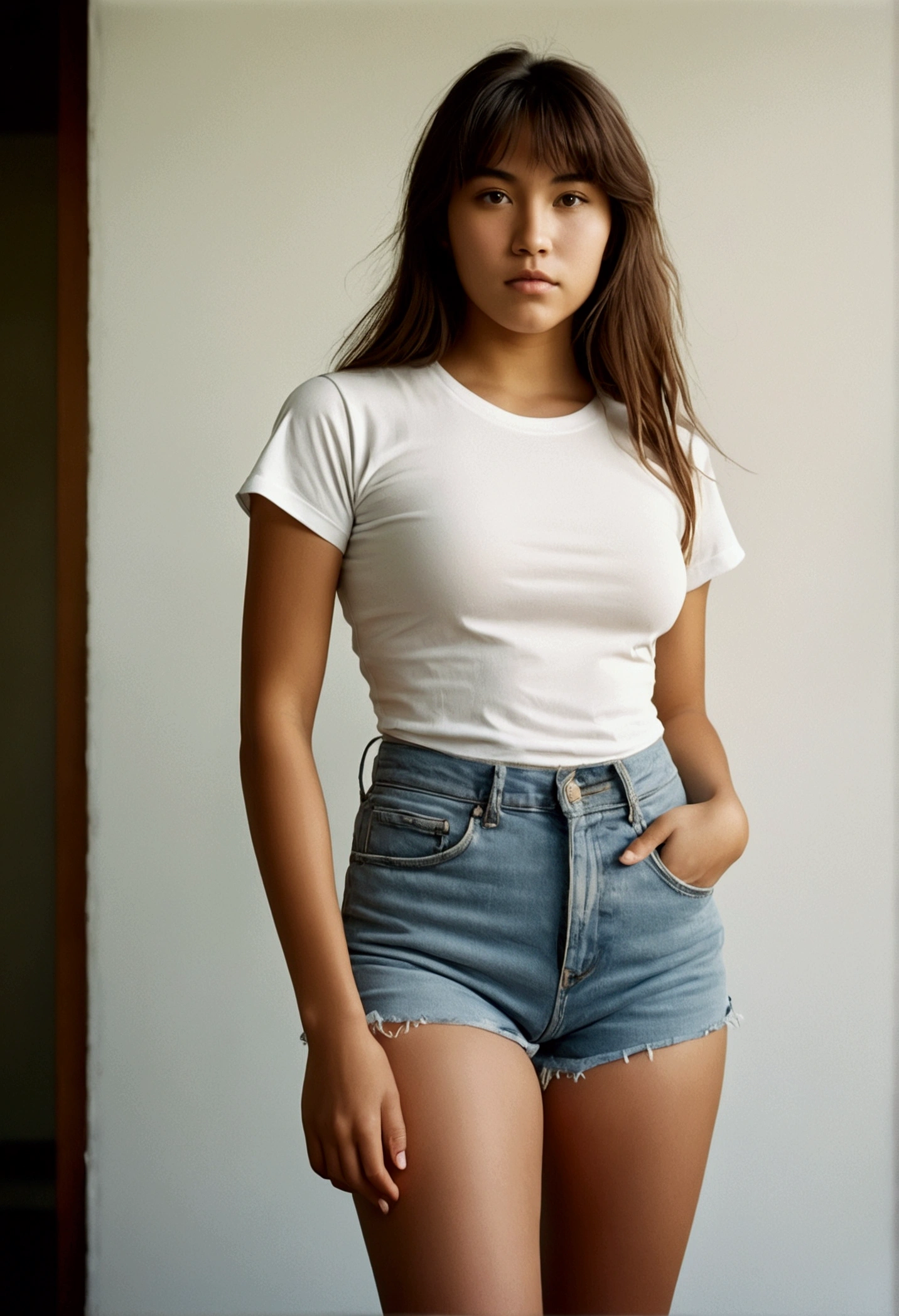 analog film photograph, photo of a modern Sioux woman, 18-years-old, long, amazonian stature, athletic hourglass figure, busty breasts, narrow waist, full wide hips, big round buttocks, wearing a tight white t-shirt and cutoff jean shorts, tan complexion, amber eyes, dark hair, thick shaggy bangs, posing on a pedestal, RAW Photograph, dslr, soft lighting, high quality, film grain, Fujifilm XT3, detailed skin with visible pores, insane details, masterpiece, 8k, 35mm photograph, dslr, kodachrome, faded film, desaturated, grainy, vintage, Lomography, stained, highly detailed, found footage