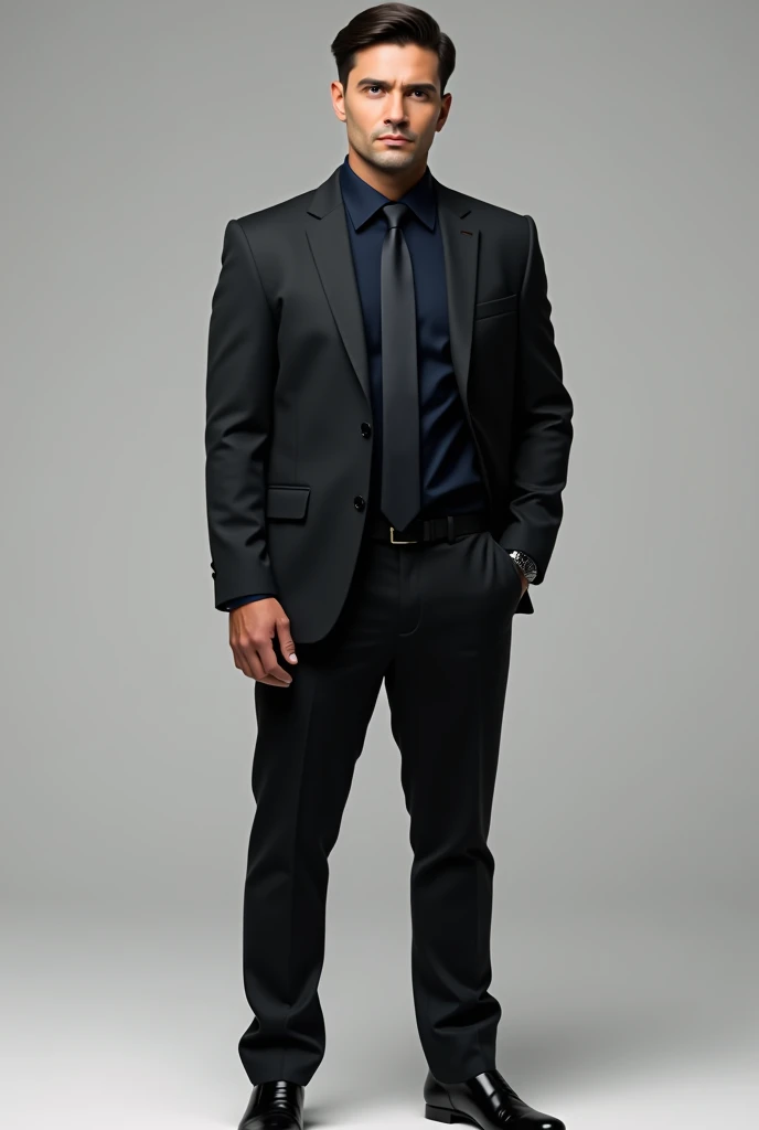 Man standing in black closed suit with navy blue undershirt and black tie