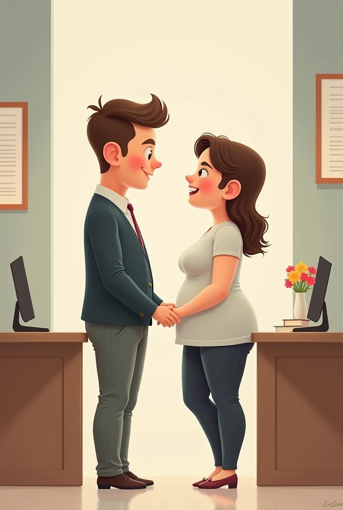 um casal, Tall and thin man, average height and fat woman, getting married at the registry office, no guest, casual clothes.