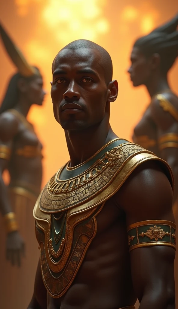 Create an image of Atum, the primordial deity from Egyptian mythology, depicted as a powerful male figure with dark brown skin, golden eyes, and a clean-shaven head. He is shown in the act of creating life, with a dynamic pose and traditional Egyptian attire with gold accents. In the background, include blurred, dark silhouettes of Shu and Tefnut, with the silhouettes showing their distinct features such as Shu's feathered headdress and Tefnut's flowing hair. The silhouettes should be clearly defined but out of focus to emphasize Atum as the central figure. Use masterpiece, best quality, CG, wallpaper, HDR, high quality, ultra detailed face, cinematic, high detail, 8k, raw, high, artstation HQ, unreal engine, octane renderer, 4k resolution, hyperrealistic, highly detailed, and absurdres settings